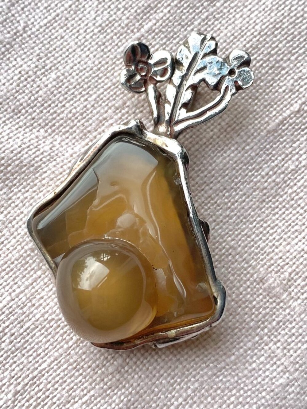 Amber/Agate (?) 950 Silver Pendant with Flowers - handmade?